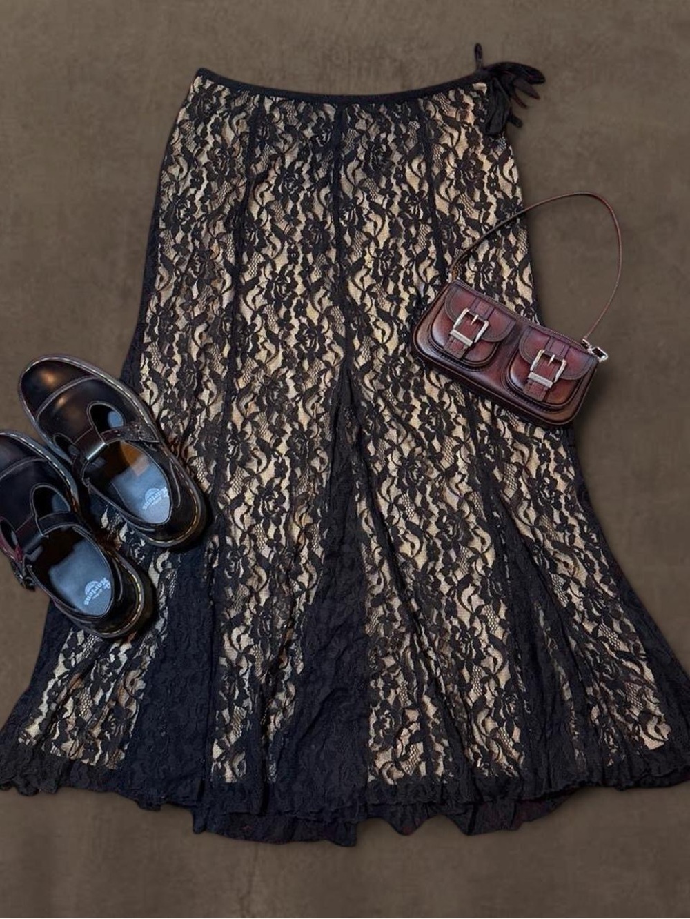 Black Lace Overlay Maxi Skirt with Nude Lining and Side Tie
